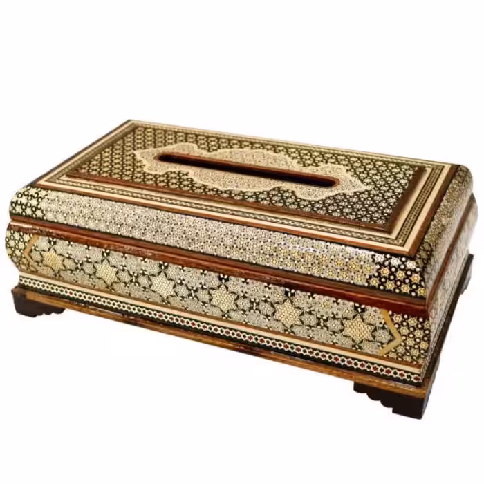 جعبه دستمال کاغذی لولادار  تاج دار خاتم کاری اعلا(مدل توپی تیره)(گارانتی 120 ماهه)