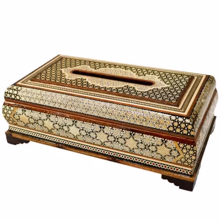 جعبه دستمال کاغذی لولادار  تاج دار خاتم کاری اعلا(مدل توپی تیره)(گارانتی 120 ماهه)