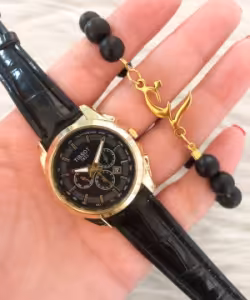 ست ساعت زنانه بندچرم مشکی صفحه مشکی مارک تیسوت