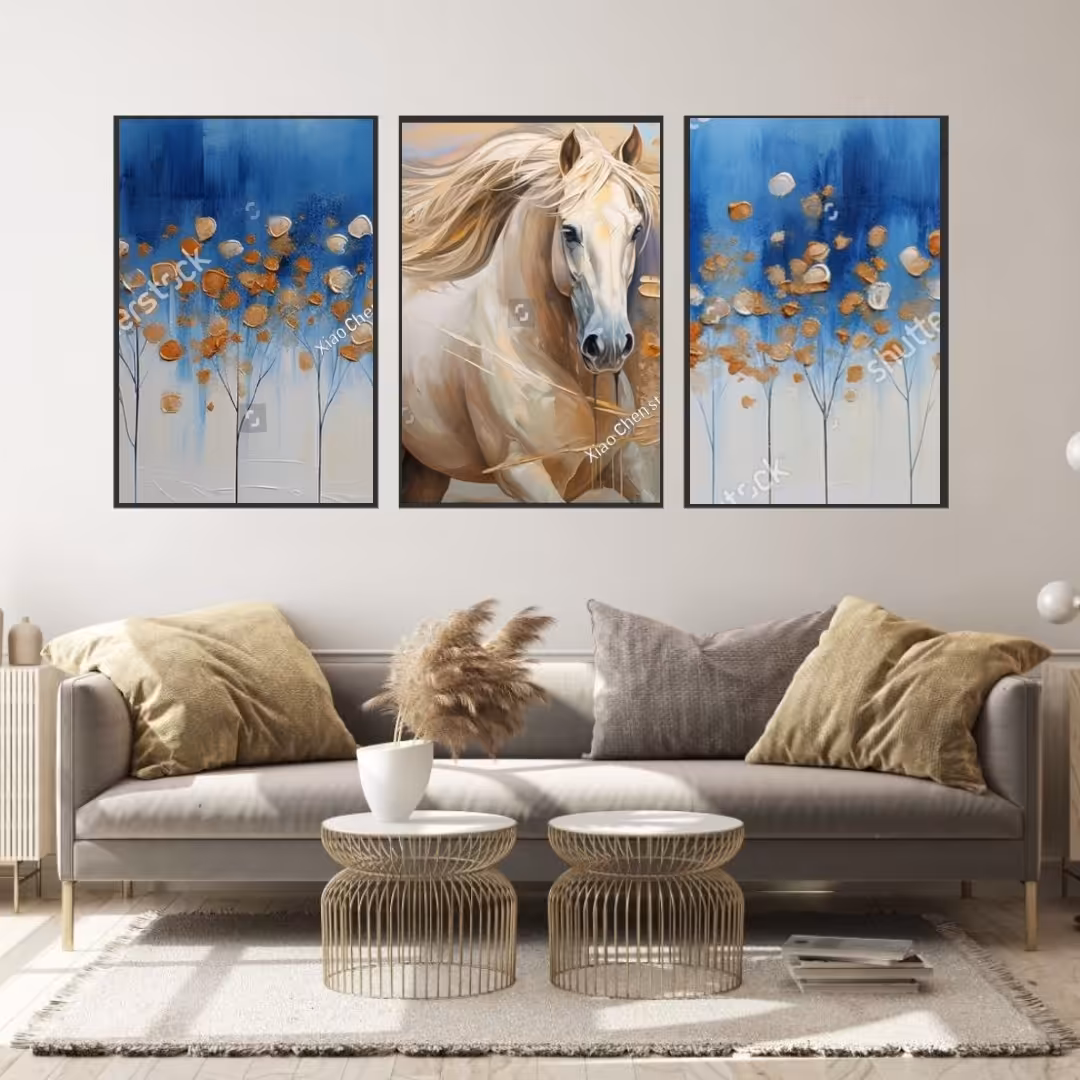 تابلو دکوراتیو  طرح نقاشی رنگ روغن اسب سفید سه تکه 