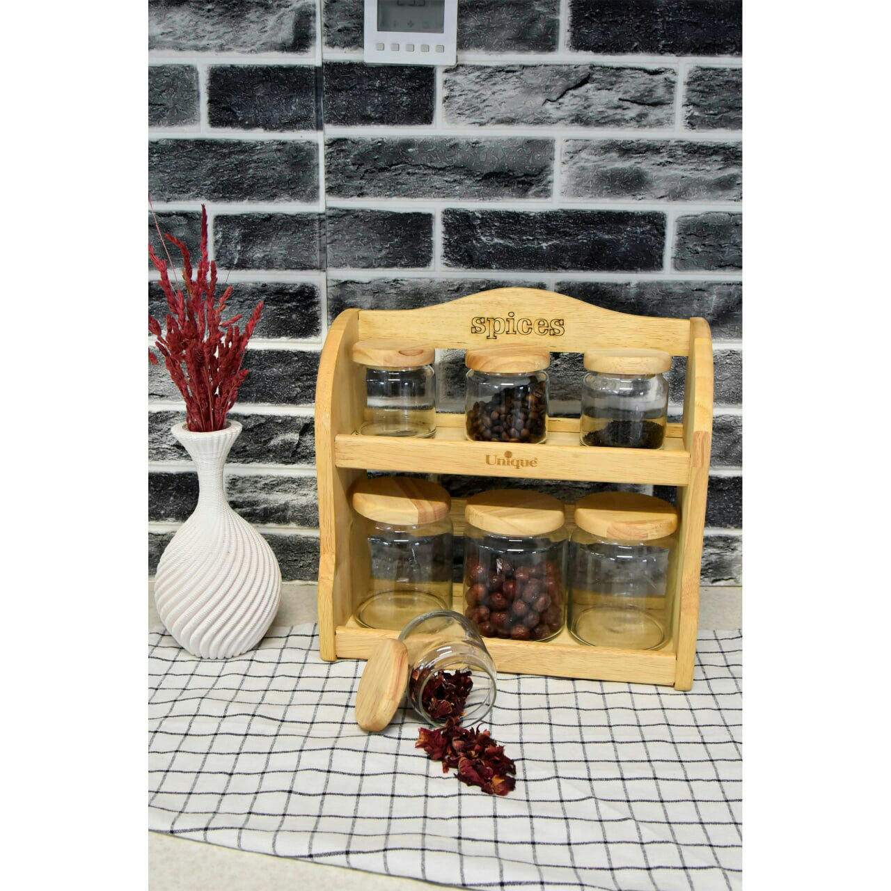 ست پاسماوری و ادویه حبوبات (7پارچه) شیشه ایی با درب بامبو برند (یونیک ) 6135