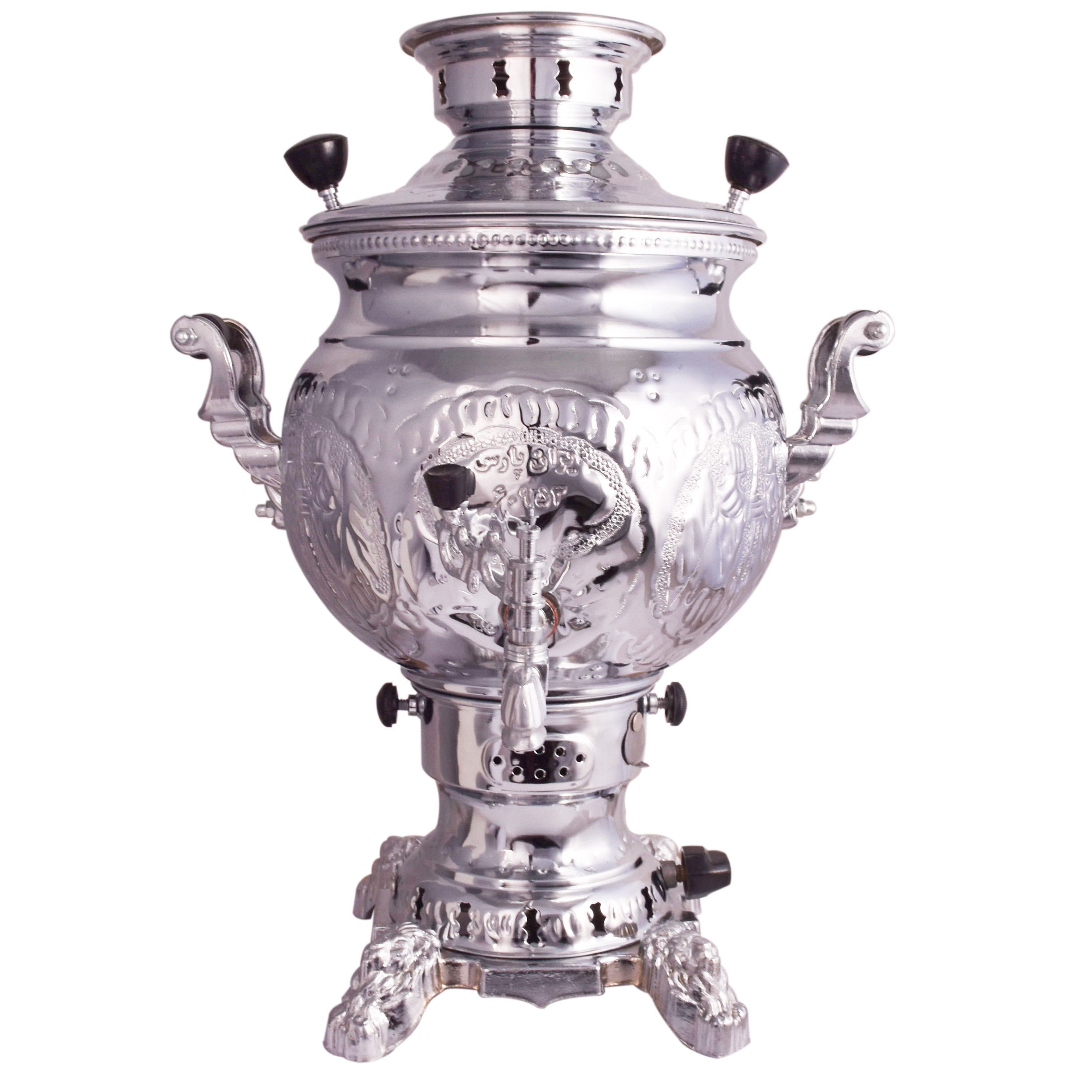 سماور گازی برنجی مدل آوا قلم کاری کار دست برند ایران پارس ظرفیت 5لیتر 