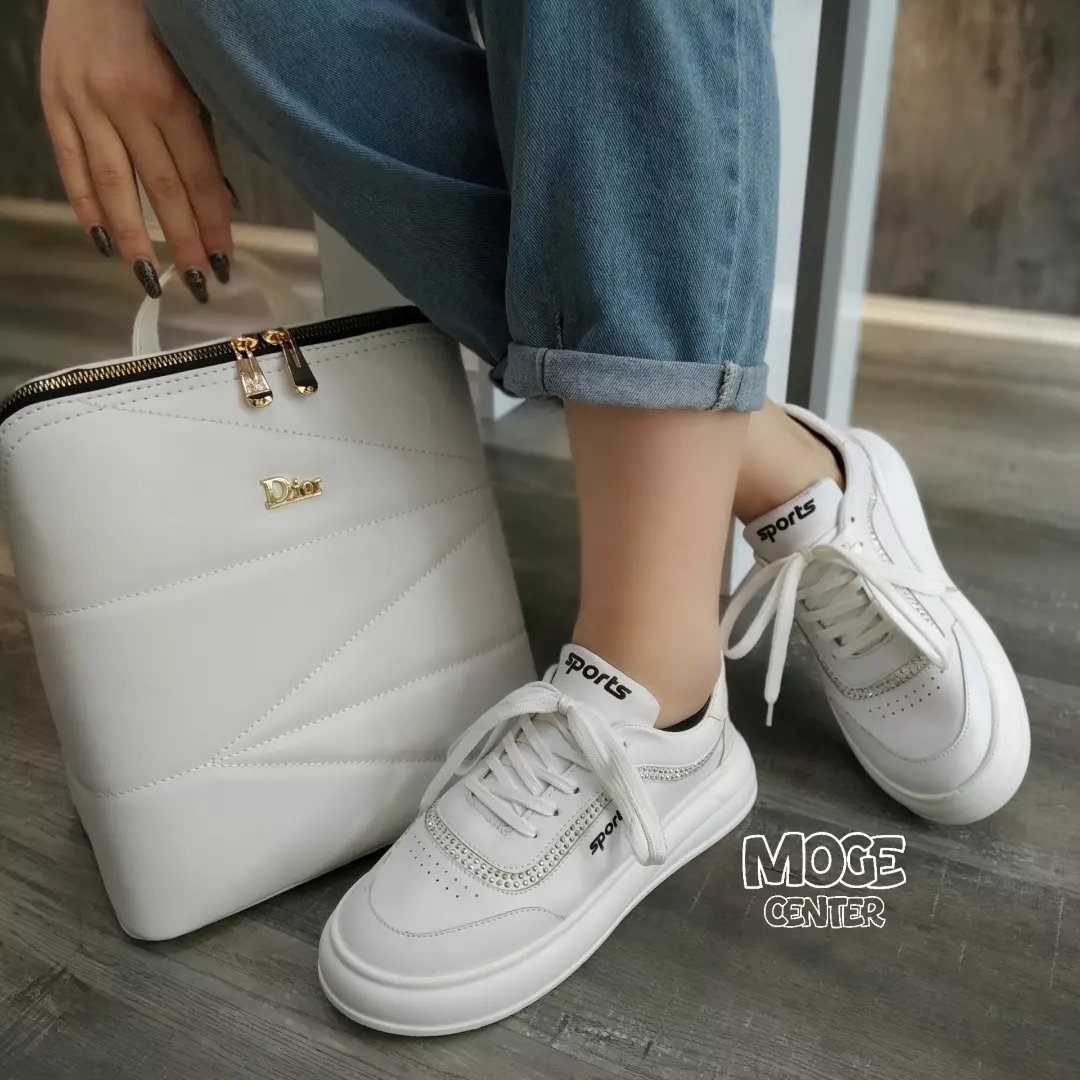 ست کیف و کتونی دخترانه نگینی سفید مشکی