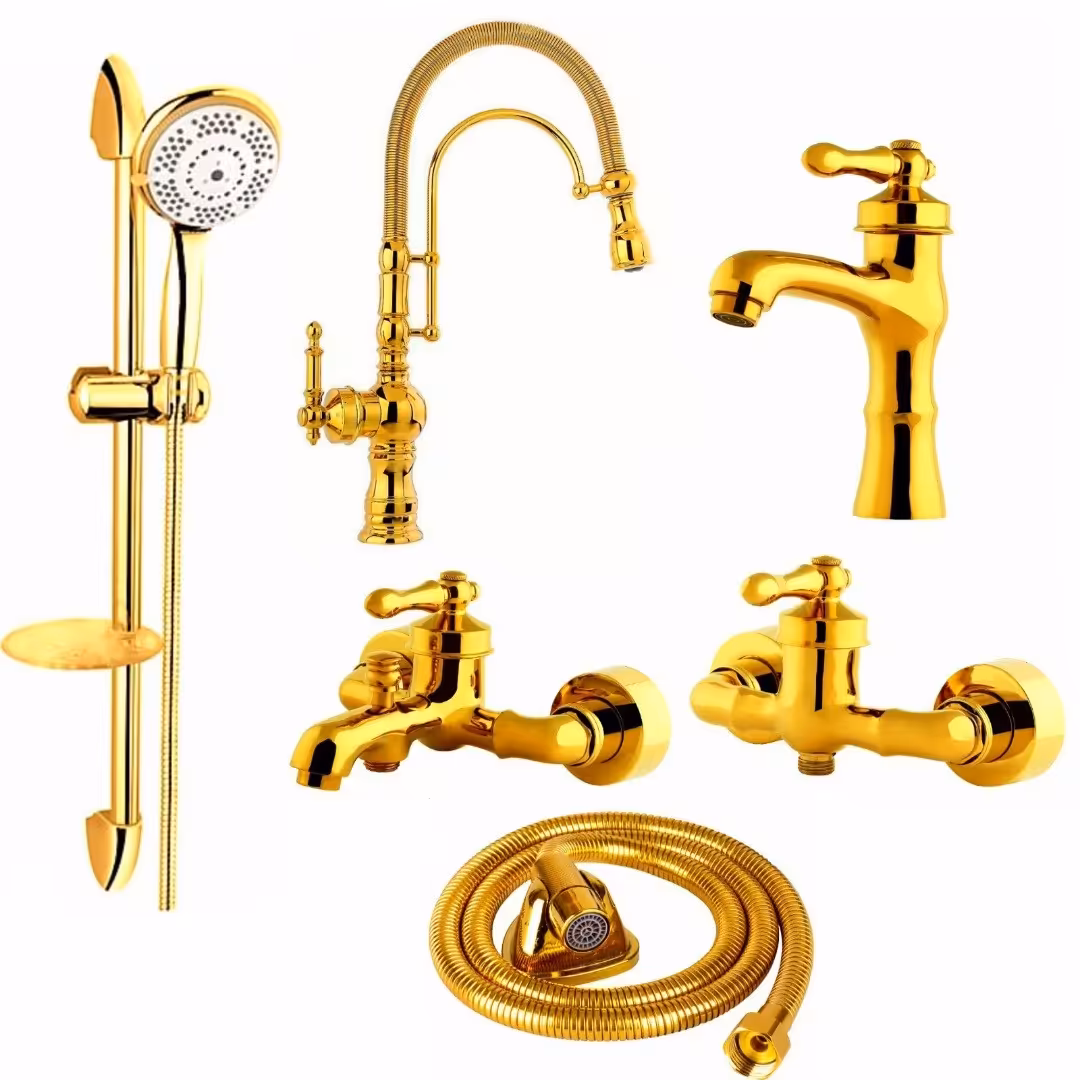 ست شیرآلات رز مدل ویکتوریا لایت مجموعه 6 عددی طلایی به همراه شیر ظرفشویی شاوری فنردار