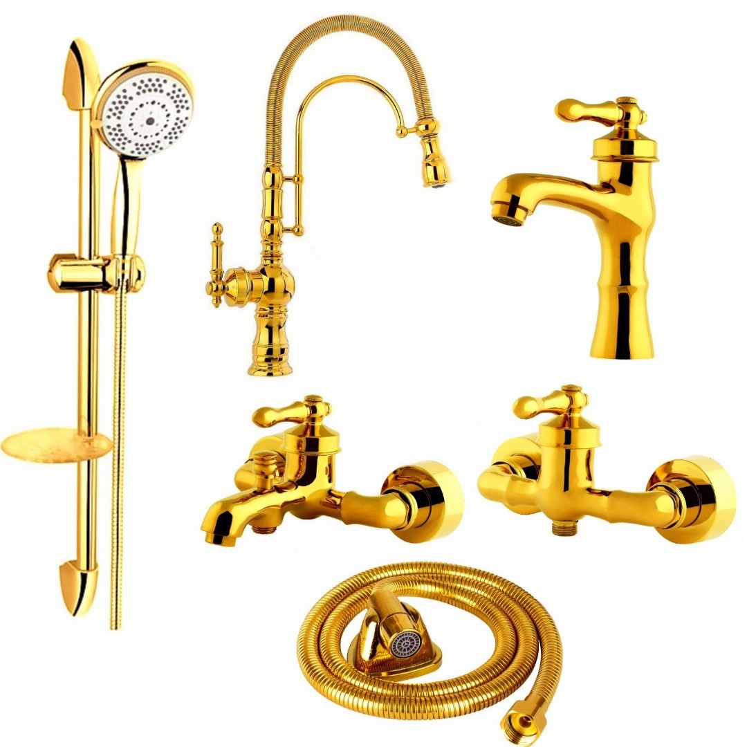 ست شیرآلات رز مدل ویکتوریا لایت مجموعه 6 عددی طلایی به همراه شیر ظرفشویی شاوری فنردار