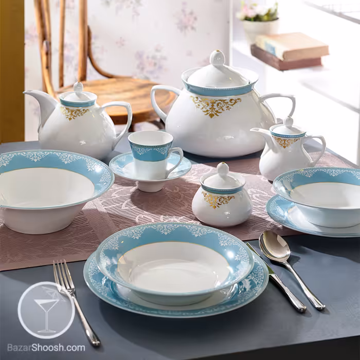 سرویس چینی زرین 12نفره آرمیتاژ فیروزه‌ای 108پارچه سری شهرزاد درجه عالی