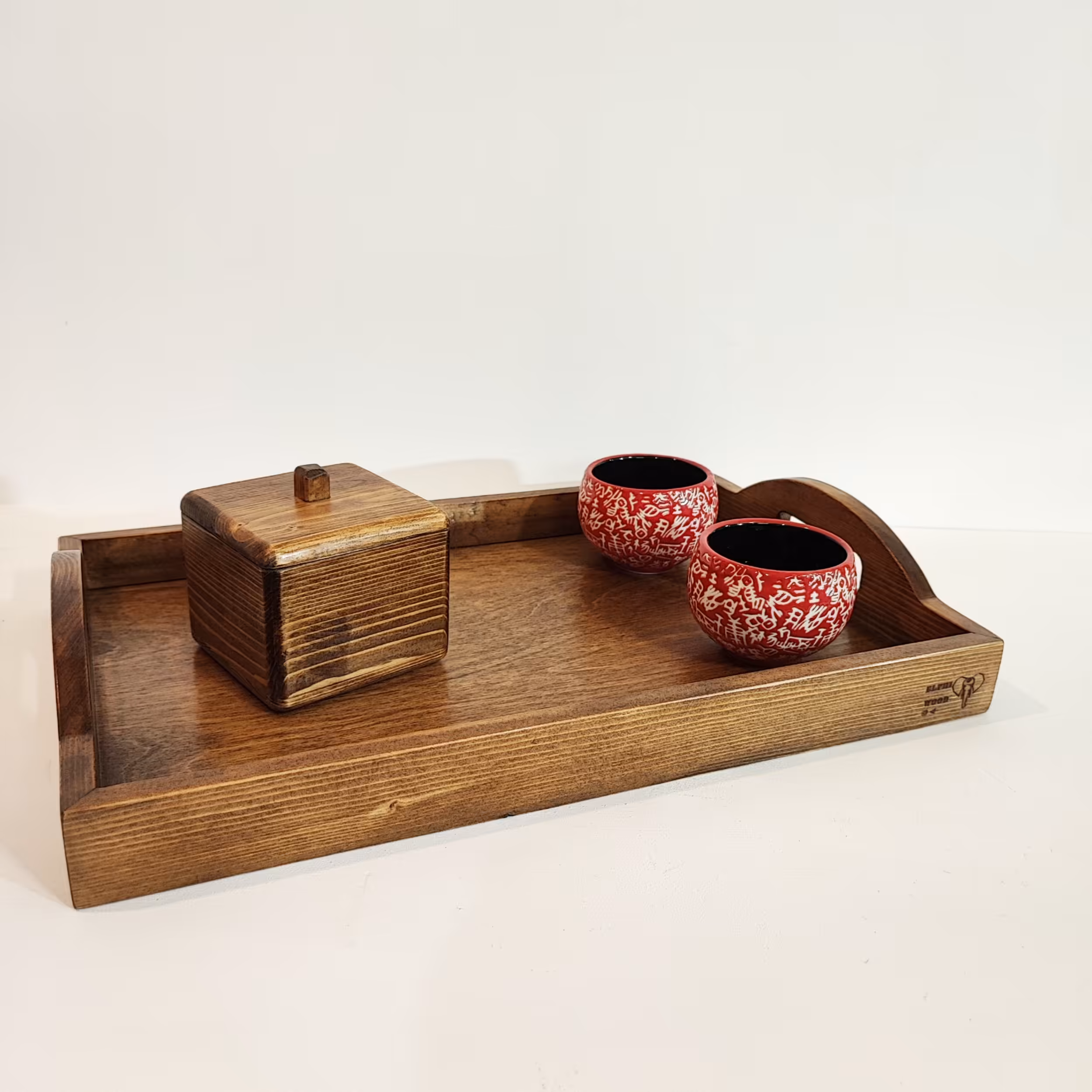 سینی چوبی قابل شستشو سایز بزرگ رنگ قهوه ای با کفی چوبی ضخیم پلای وود مدل elphi304b  ظرفیت 10 لیوان