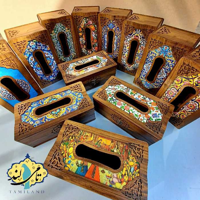مجموعه 12 عددی جعبه دستمال کاغذی چوبی کرشمه طرح متفرقه  صنایع دستی تامی لند 
