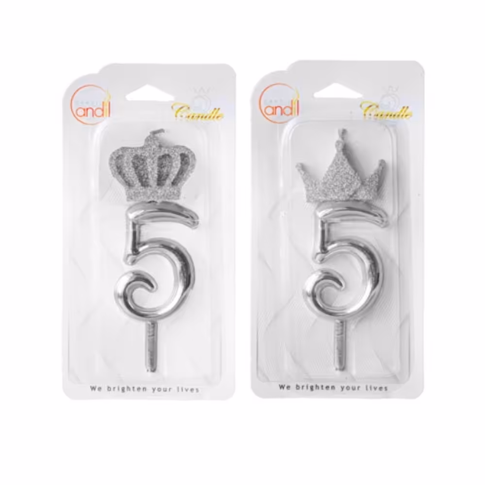 شمع اکلیلایز  نقره ای عدد پنج (شمع تولد.شمع رو کیکی .شمع جذاب. شمع جدید)