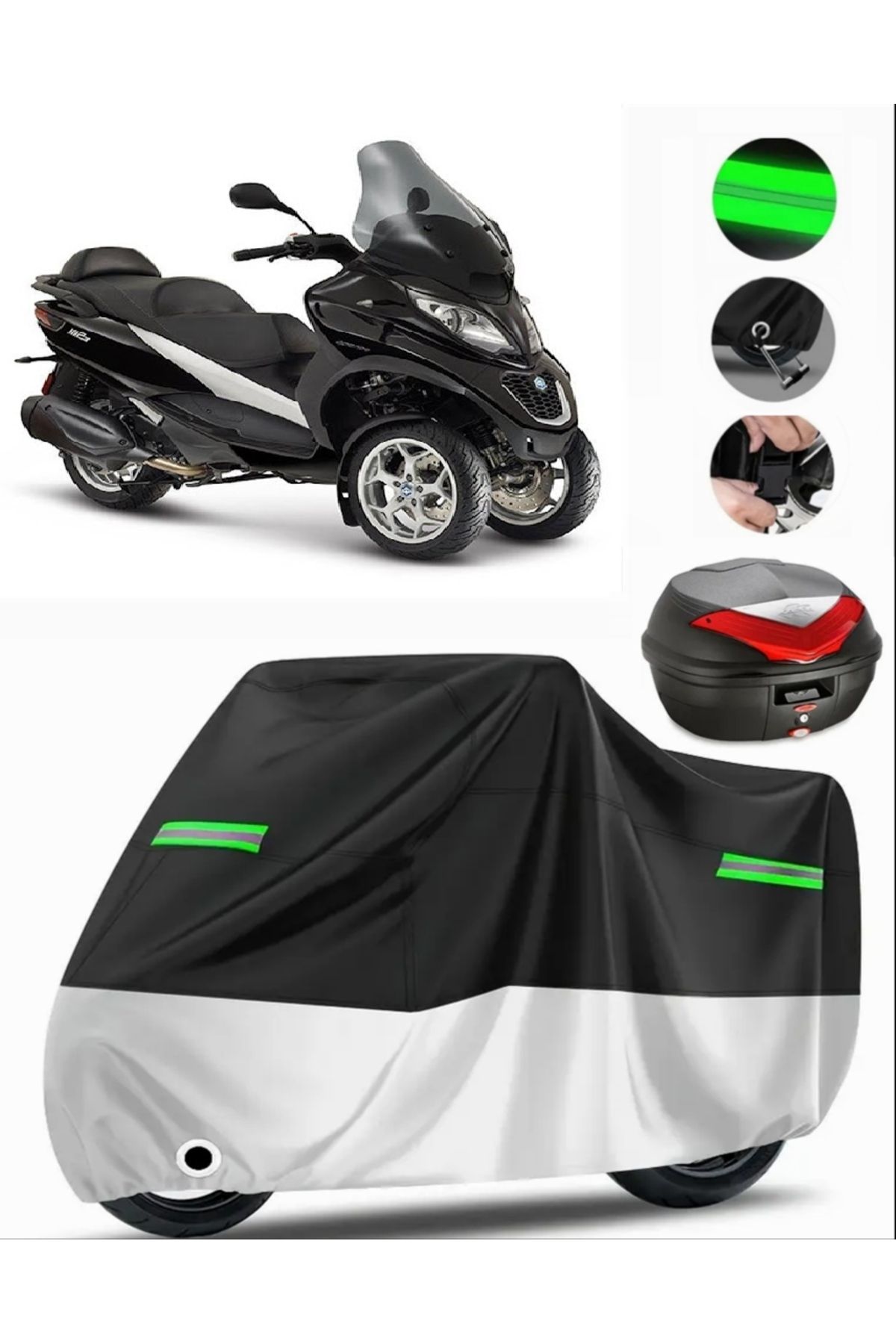 چادر موتورسیکلت خاکستری PIAGGIO MP3 250 کیسه عقب سازگار با برزنت موتور سیکلت پریمیوم قفل سیاه MotoEn