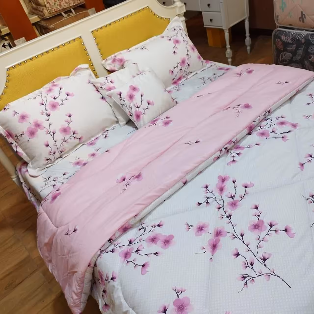 روتختی نخ کتان کد 301 دو رو سفید صورتی 