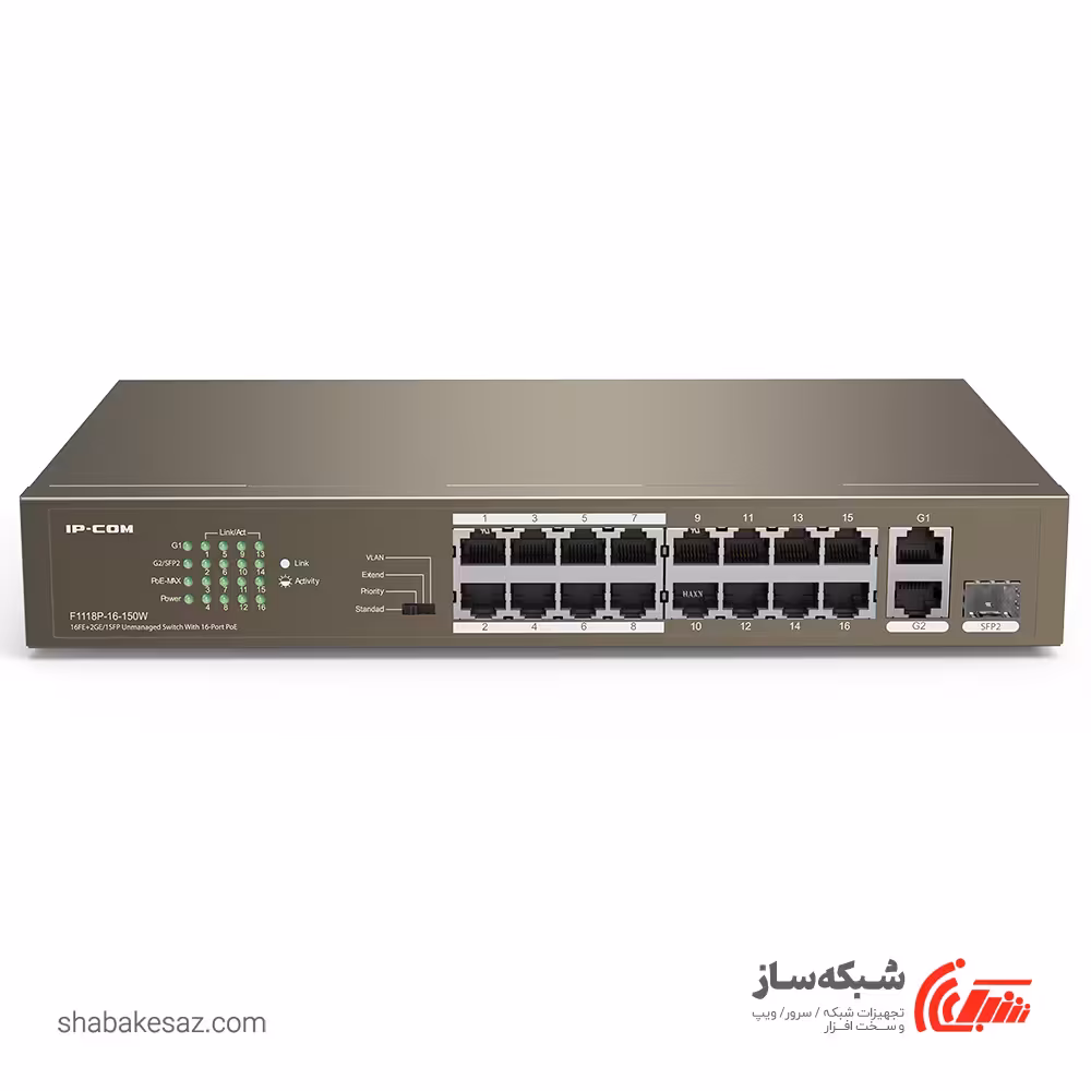 قیمت و خرید سوئیچ شبکه POE ای پی کام IPCOM F1118P دسکتاپ-رکمونت 16 پورت 10/100Mbps با توان PoE 150W - شبکه ساز