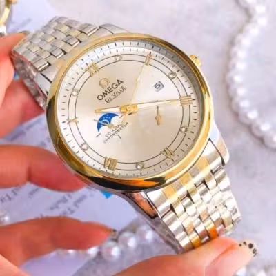 ساعت زنانه یا مردانه بصورت تک مارک امگا بند استیل دورنگ صفحه سفید