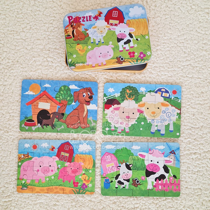 پازل چوبی حیوانات مزرعه با قوطی فلزی مدل XHN0110