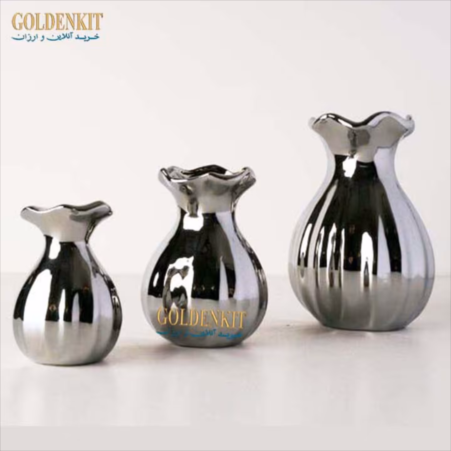 اکسسوری گلدان  نقره ای 18سانتی دکوراتیو براق مدل دالبری سایز بزرگ 