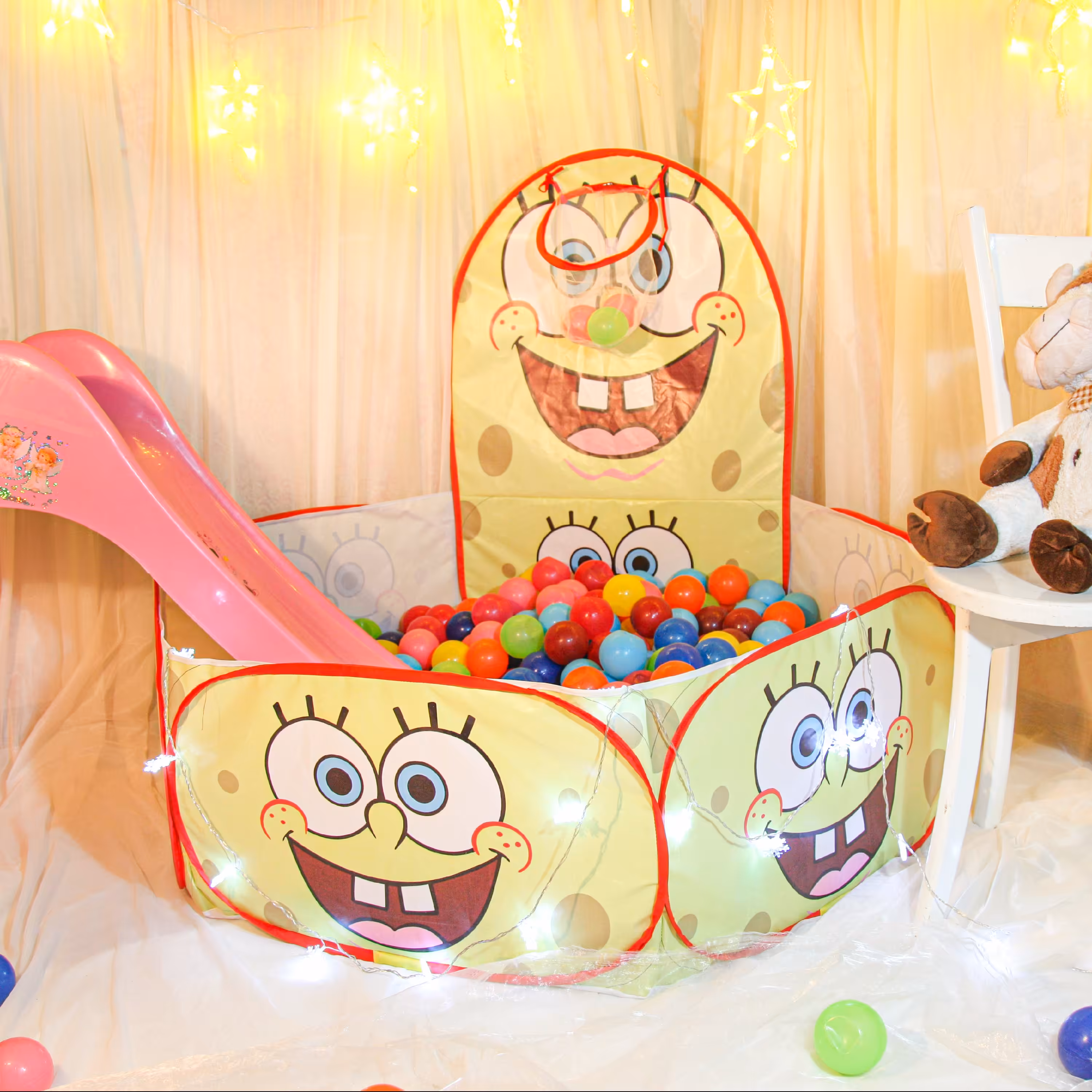 استخر توپ کودک فنری النا سایز صد و بیست در صد و چهل سانت  با حلقه بسکتبال پارچه ضخیم بنری طرح باب  اسفنجی