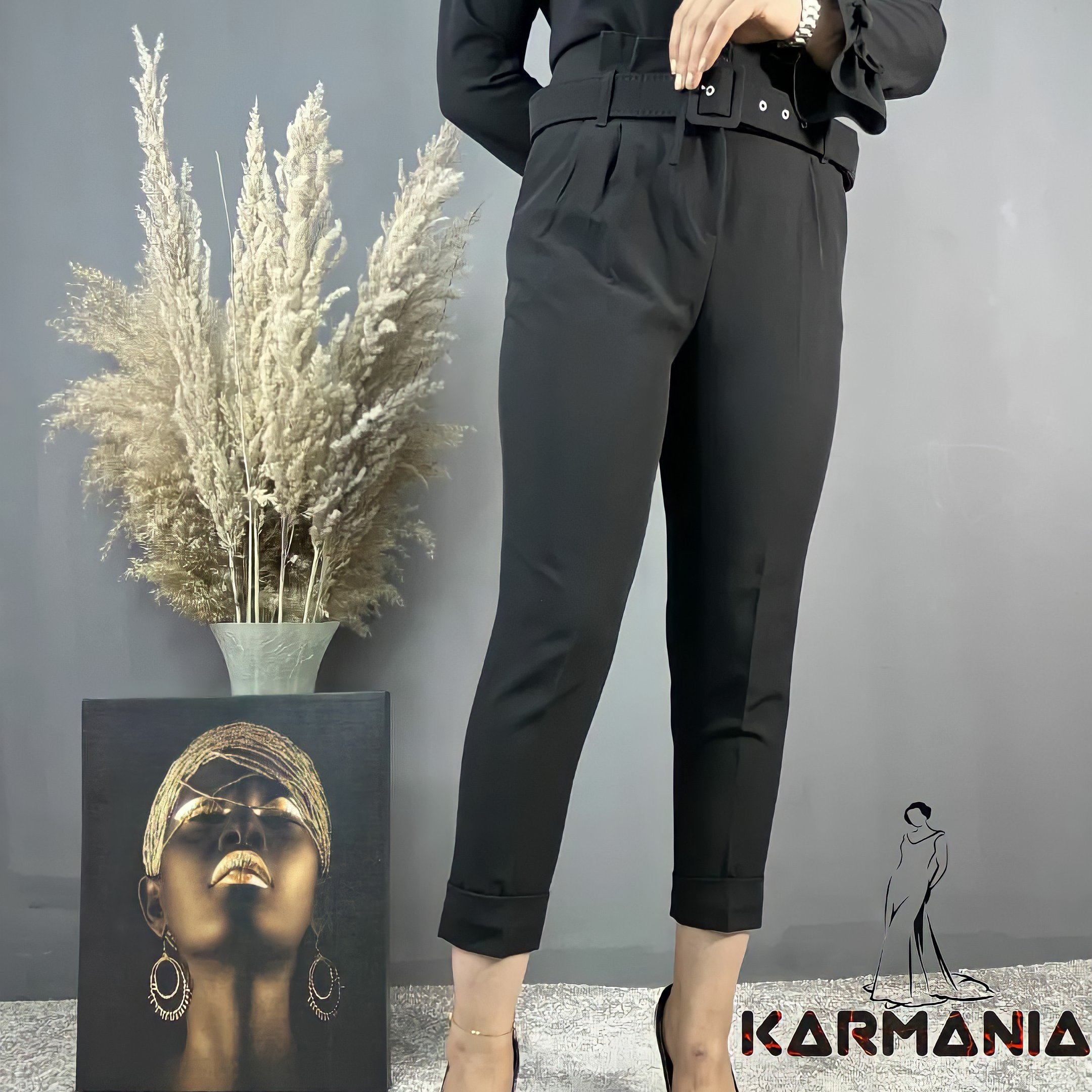 شلوار پارچه ای کد 200 ترک درجه یک مشکی زنانه پاکتی کمربندی
