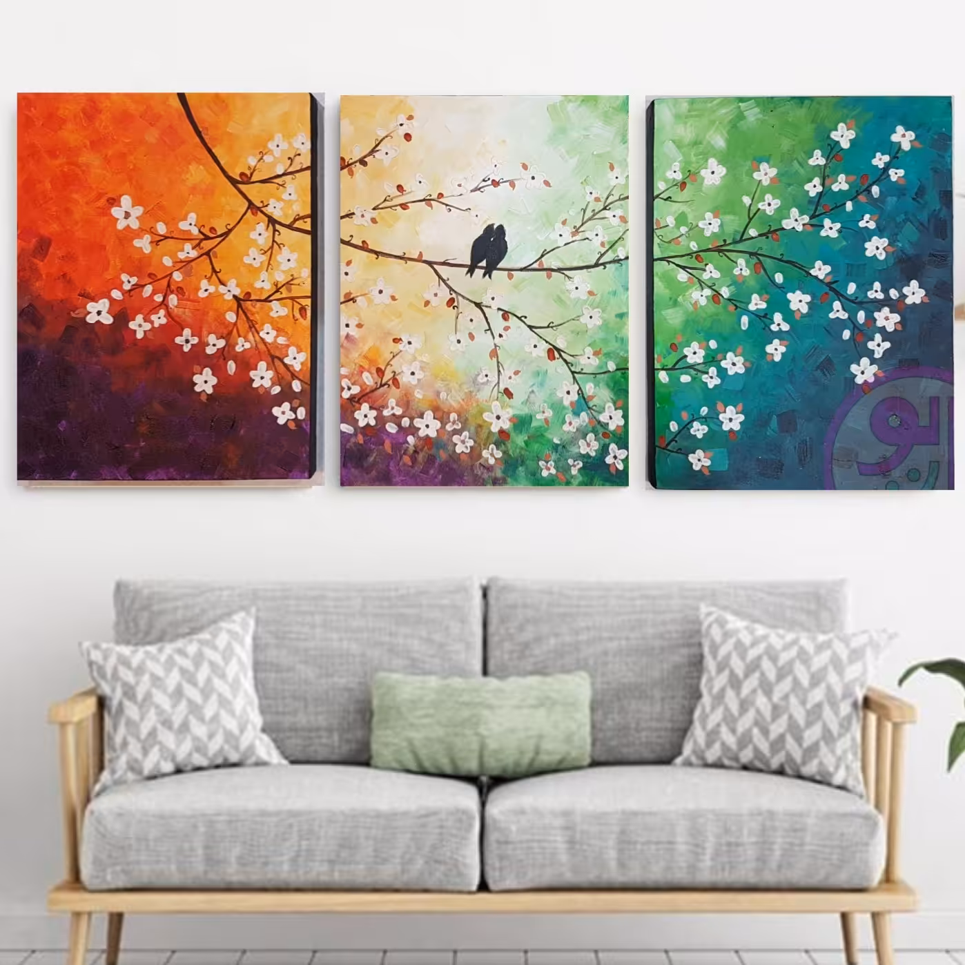 تابلو نقاشی سه تکه با اکرولیک روی بوم دیپ