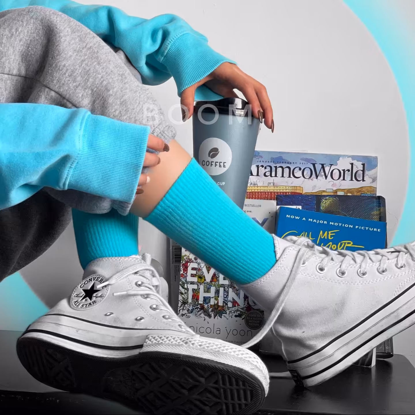 جوراب ساقدار ساده آبی فیروزه ای