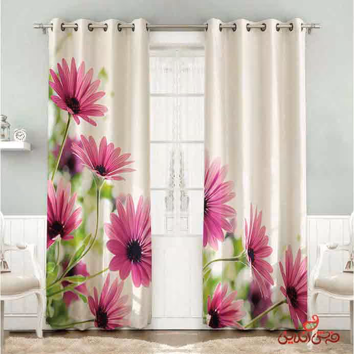 پرده 2عددی طرح گل صورتی کد 2321