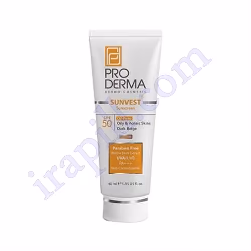کرم ضد آفتاب فاقد چربی SPF50 پرودرما رنگ بژ تیره 40 میلی لیتر