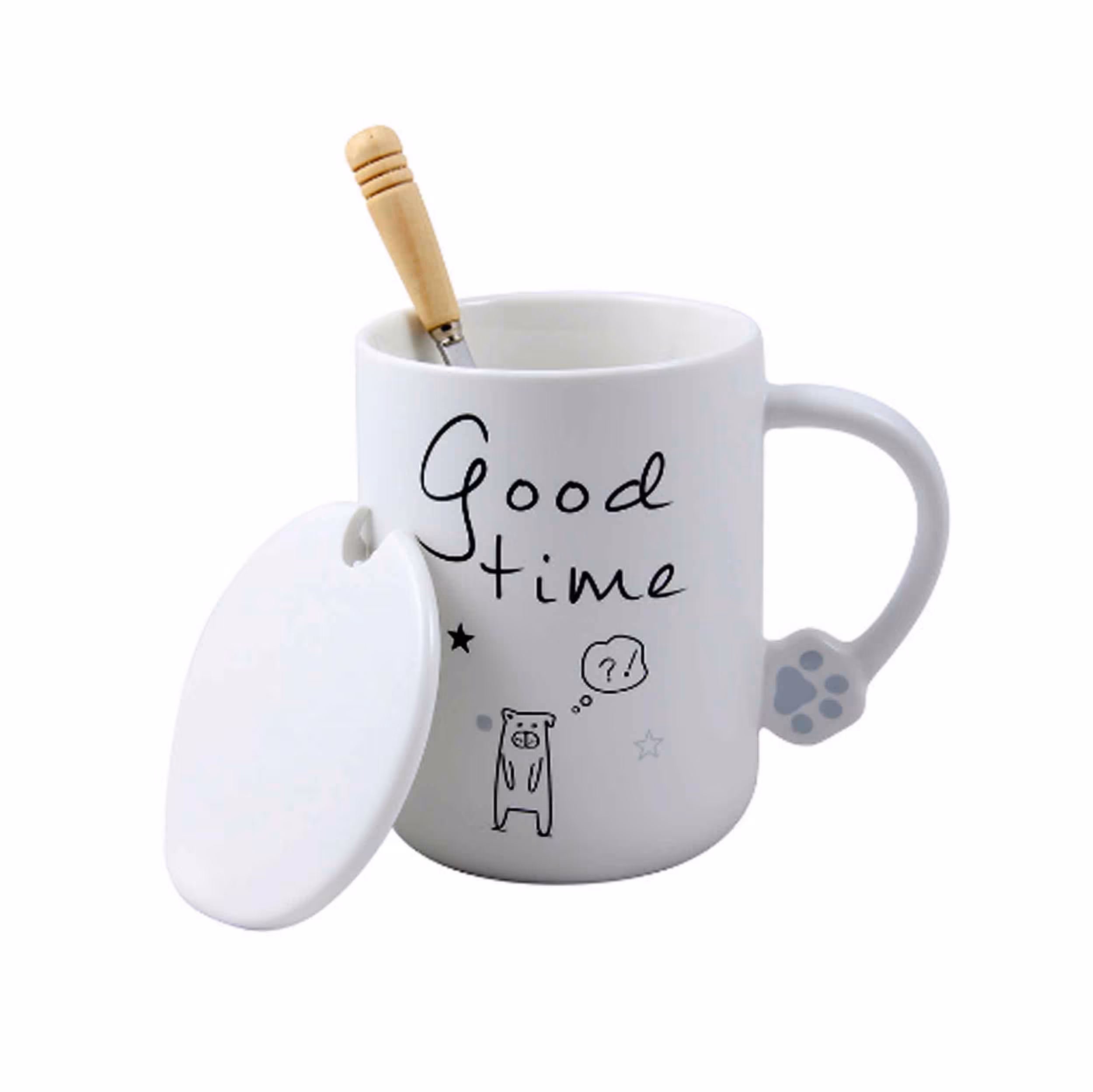 ماگ درب دار سفید طرح فانتزی همراه با قاشق