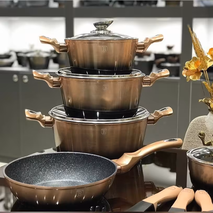 سرویس قابلمه برلینگر هاوس مجارستان رنگ رزگلددودی متالیک سایه دار برلینگر هوس مجارستانی گرانیتی چدن berlinger haus گرانیت