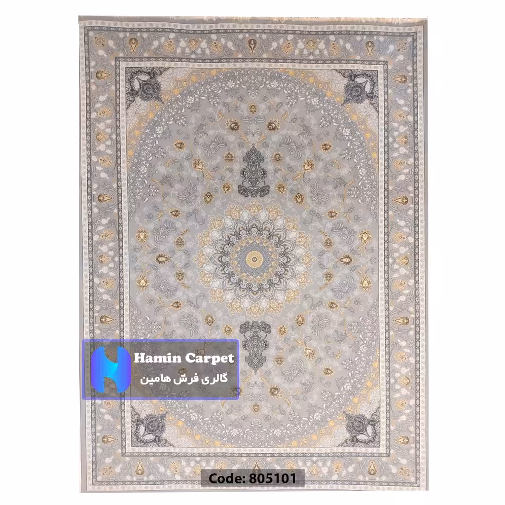 فرش 9 متری 700شانه تراکم 2550 نخ آکلریک رنگ زمینه نقره ای کد AR805101