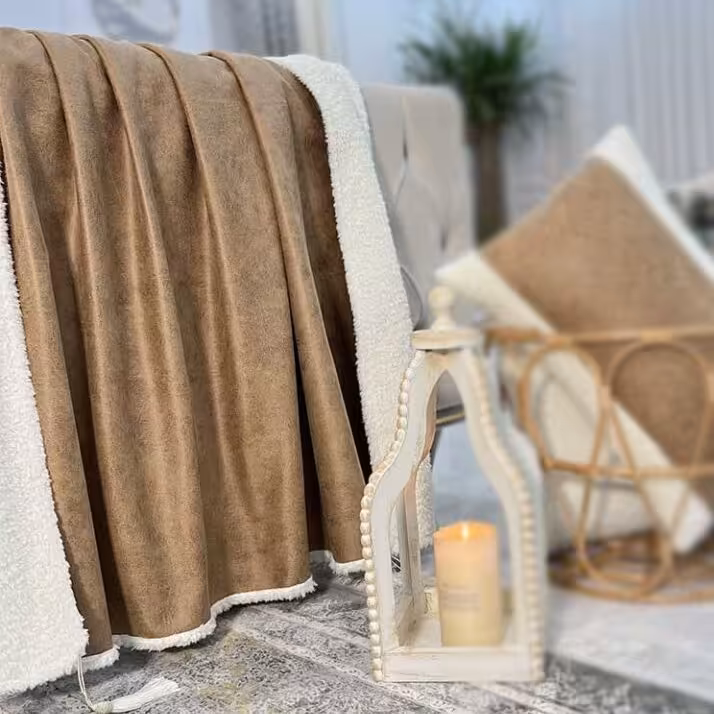 شال مبل طرح ترکبی مخمل تدی و مخمل قهوه ای