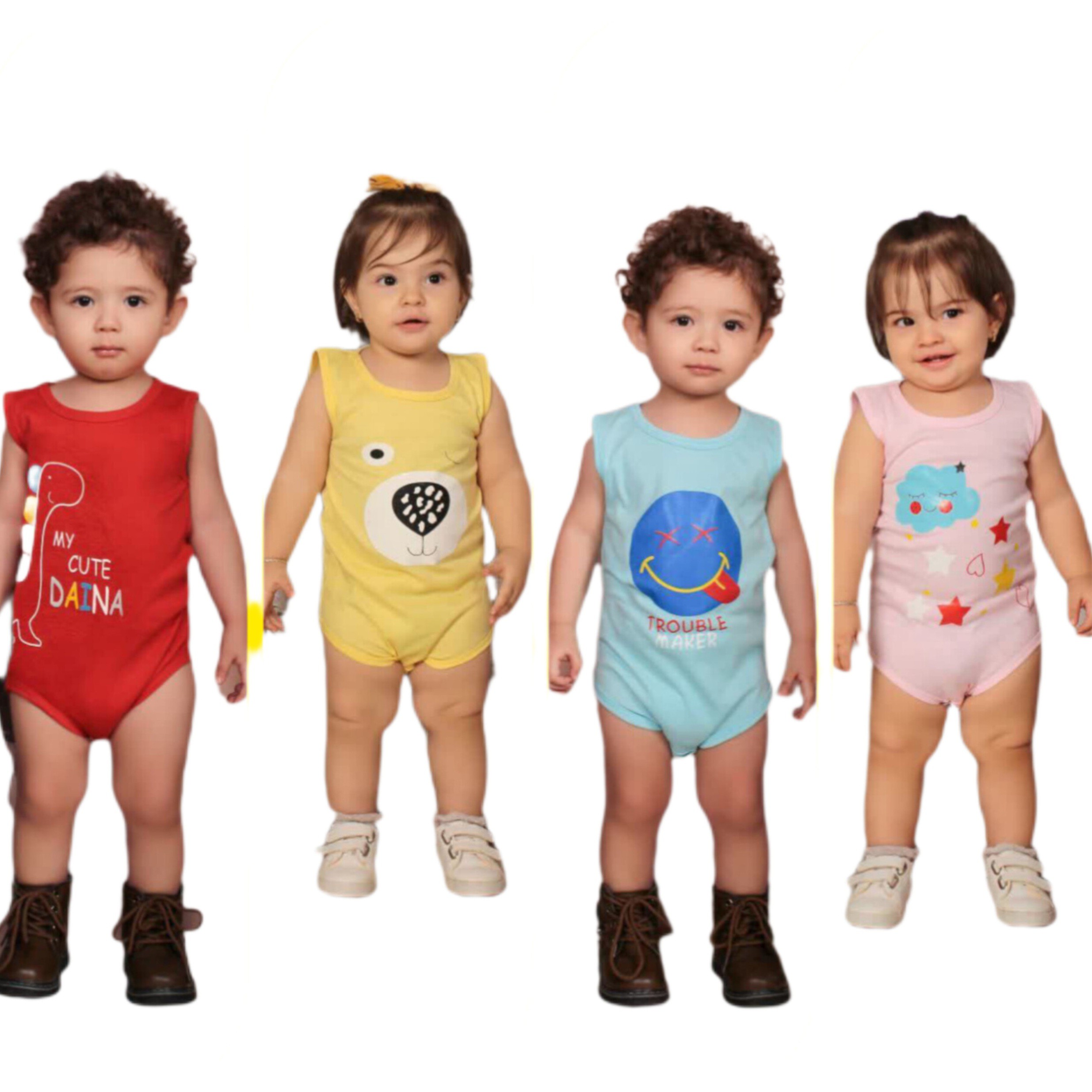 لباس نوزادی پسرانه دخترانه زیردکمه نوزادی پسرانه دخترانه رنگ زرد صورتی بدو تولد تا دو سال