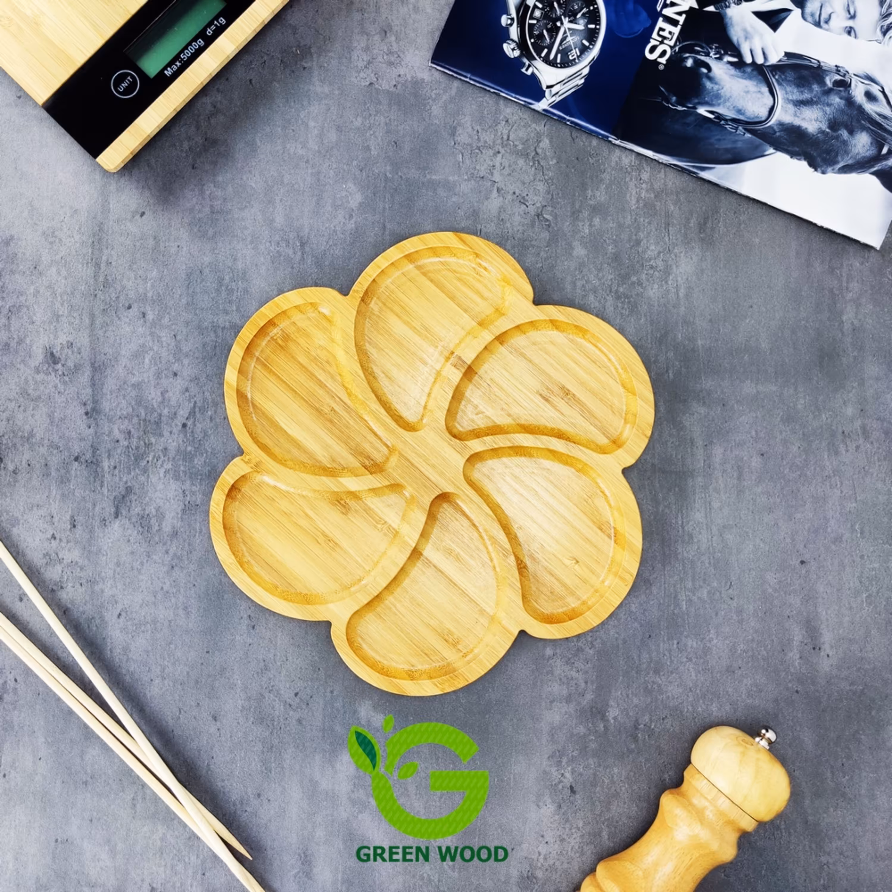 ظرف اردو خوری ظرف سرو و پذیرایی چوبی بامبو طرح گل 6 خانه کد Gw141201005