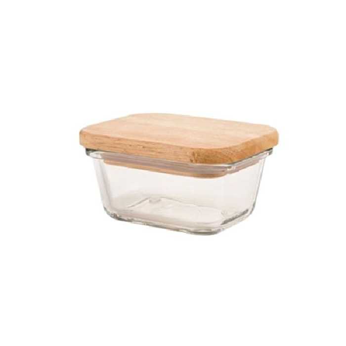 ظرف شیشه مستطیل 180 میل درب چوب لیمون