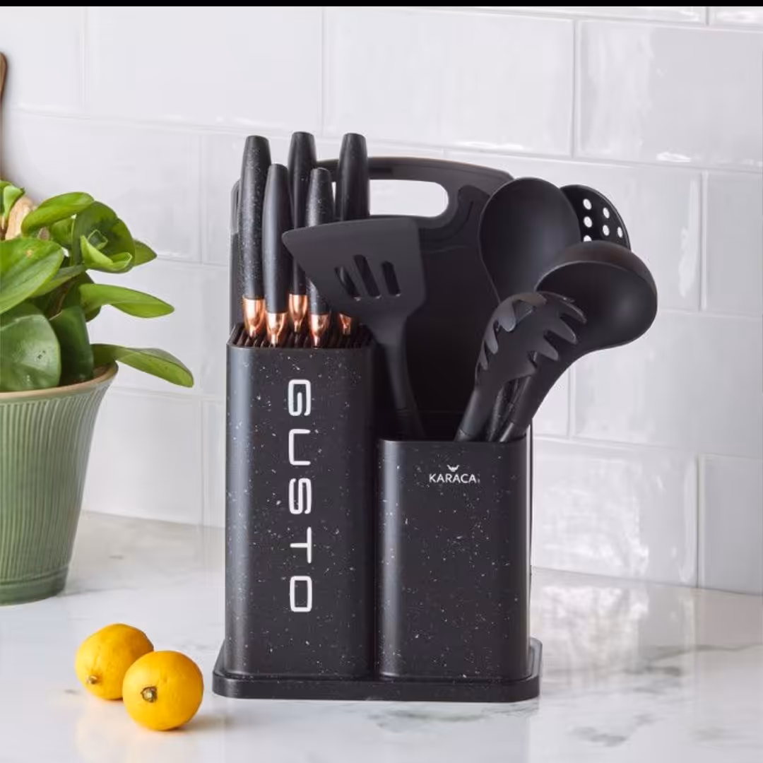 ست چاقو و کفگیر ملاقه و تخته گوشت دوازده پارچه محصولkaracaترکیه مدلgusto