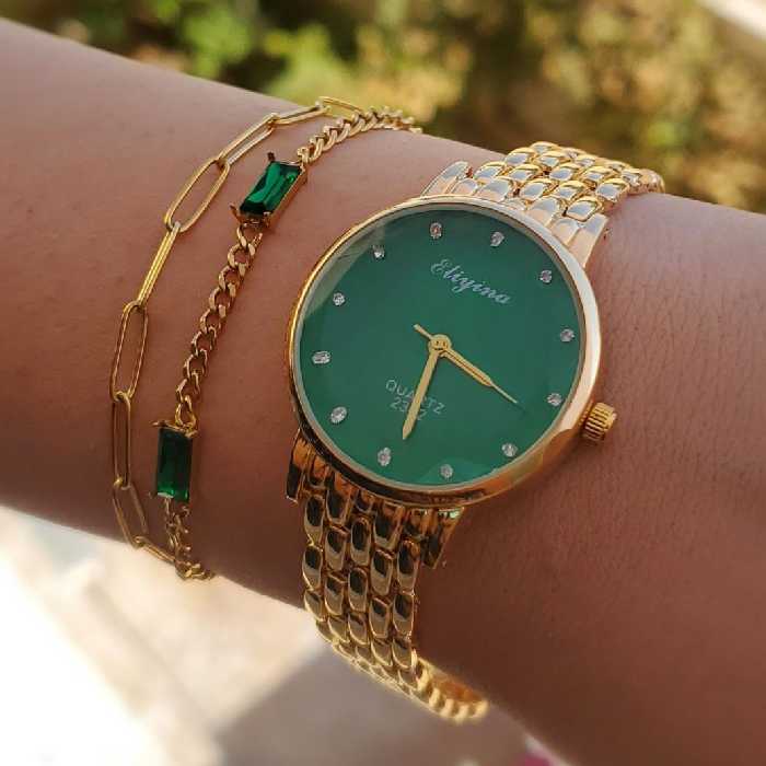 ست ساعت زنانه با دستبند طرح زمینه سبز زیبا