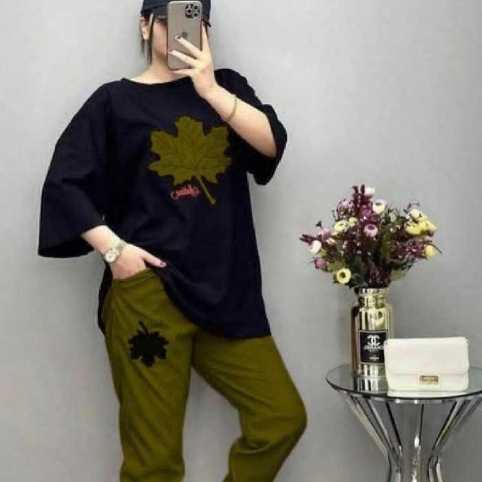 تیشرت لانگ و شلوار اسلش طرح برگ