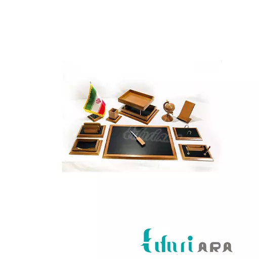 ست لوازم اداری رومیزی چرم و چوب منظم مجموعه 11 عددی