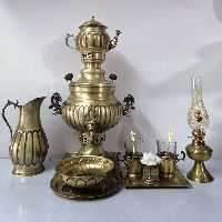 سماور زغالی آنتیک ذغالی با ست دوازده تکه برنجی جمعا فقط 