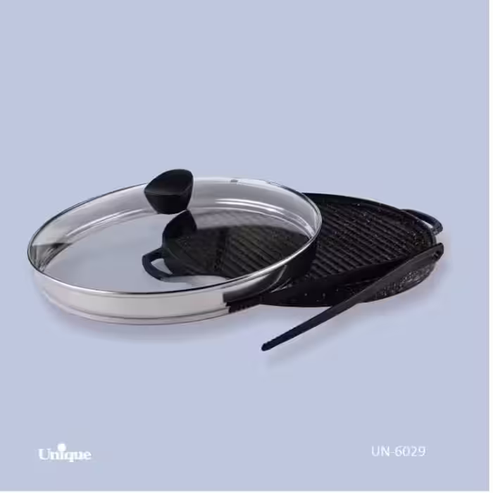 تابه گریل چدن گرد یونیک سایز 34 درب دار با انبر کد un-6029