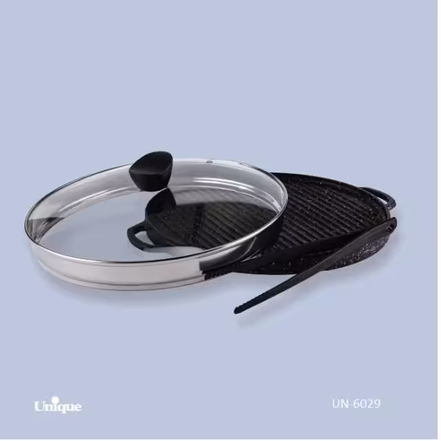 تابه گریل چدن گرد یونیک سایز 34 درب دار با انبر کد un-6029