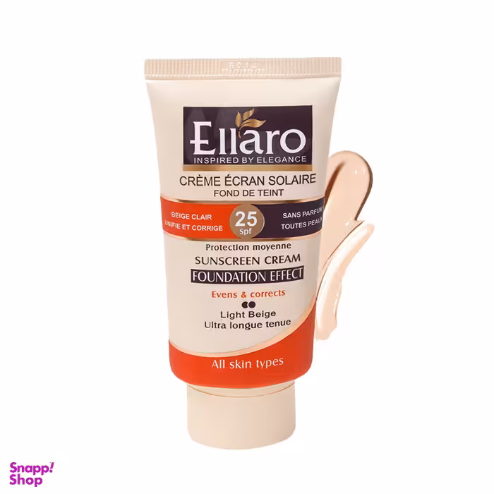کرم ضد آفتاب الارو (Ellaro) با پوشش کرم پودری با SPF25 مناسب انواع پوست رنگ بژ روشن حجم 10 میلی لیتر