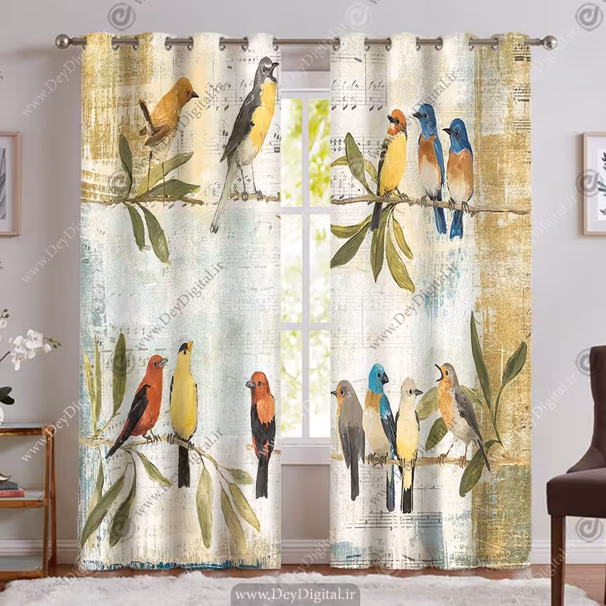 پرده سه بعدی طرح نقاشی پرنده های زیبا در حال آواز PK-5396
