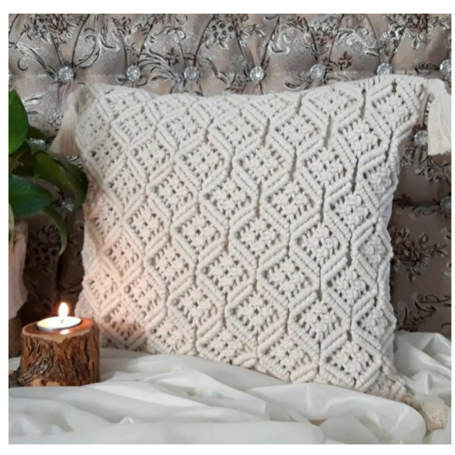 کوسن مکرومه طرح الماس