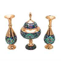 سرویس شکلات خوری پایه دار و یک جفت گلدان طراحی مس و پرداز هوریکس