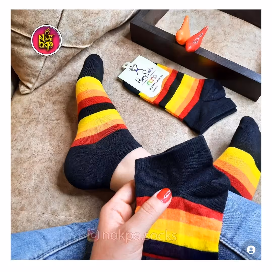 جوراب رینگی زرد و نارنجی طرح مشکی