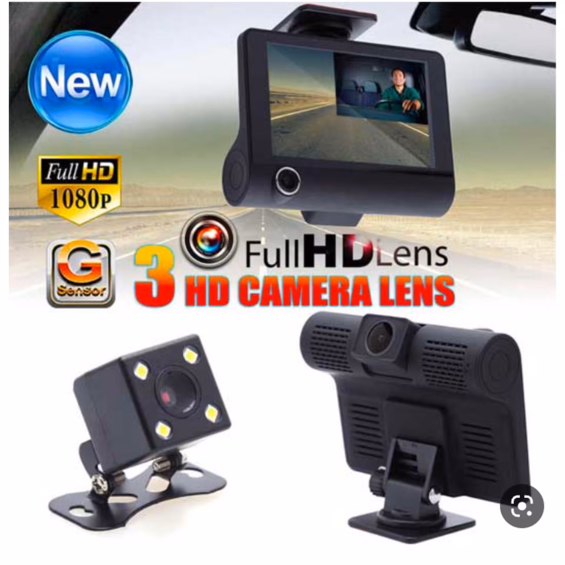 دوربین 3لنزه خودرو مانیتور دار فول اچ دی لنز5مگاپیکسل (پس کرایه)