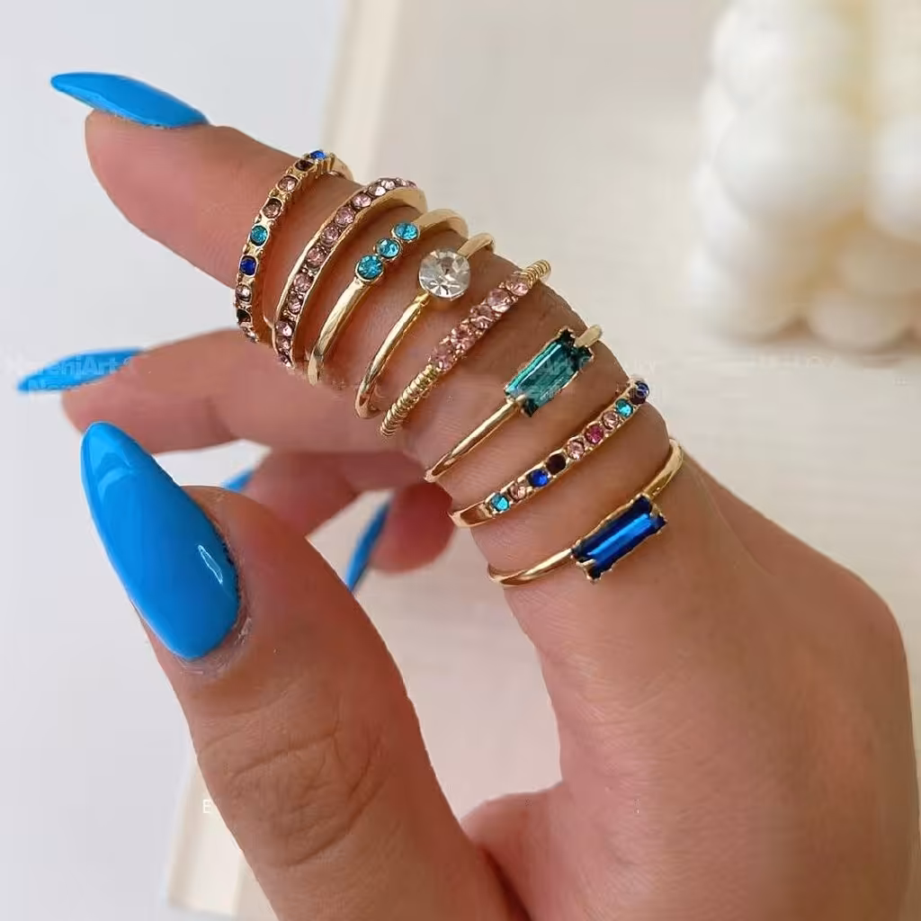 پک انگشتر 8 عددی با نگین های رنگی