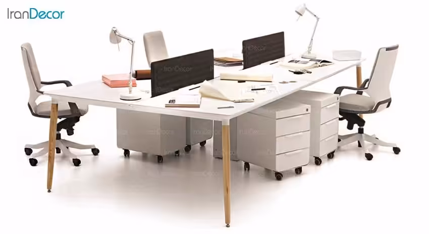 میز کار گروهی پایه چوبی نظری مدل ارا صفحه ام دی اف با دیوایدر