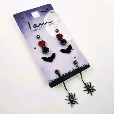 پک 5 جفتی گوشواره طرح هالووین گل رز ، خفاش و عنکبوت