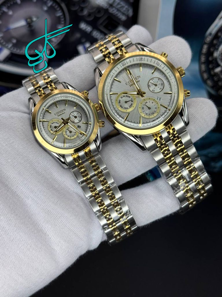 خرید ست ساعت مردانه و زنانه فلزی سیتیزن ولنتینو طرح کرنو موتور میوتا ژاپن شیشه تراش ضدآب کد 2116850 - ردگل
