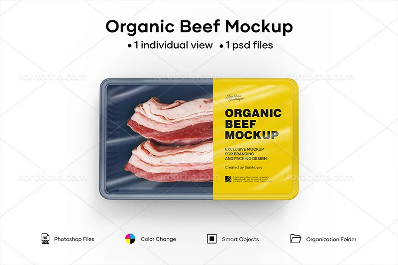 موکاپ بسته بندی پلاستیکی گوشت گاو | گرافیک با طعم تربچه